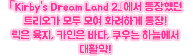 『Kirby's Dream Land 2』에서 등장했던 트리오가 모두 모여 화려하게 등장! 릭은 육지, 카인은 바다, 쿠우는 하늘에서 대활약!