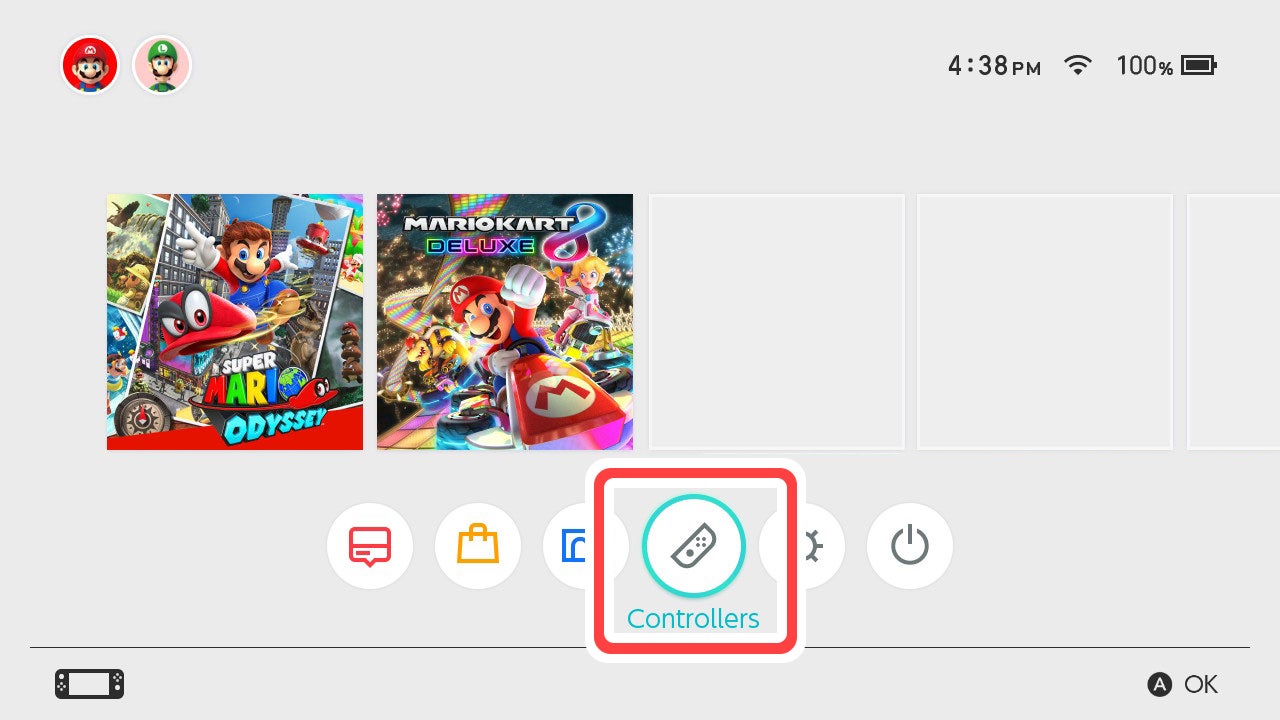 Nintendo Switch 본체에 등록되어 있는 경우 HOME 화면의 「컨트롤러(Controllers)」에서 확인할 수 있습니다.。