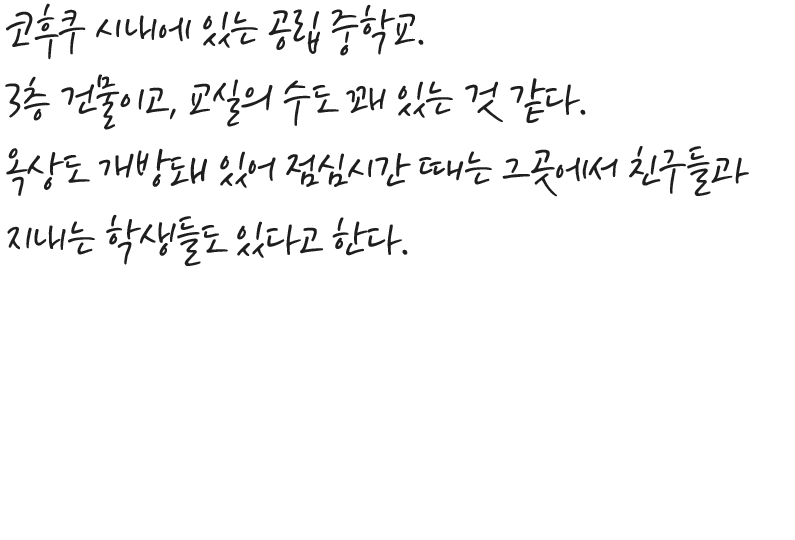 코후쿠 시내에 있는 공립 중학교. 3층 건물이고, 교실의 수도 꽤 있는 것 같다. 옥상도 개방돼 있어 점심시간 때는 그곳에서 친구들과 지내는 학생들도 있다고 한다.