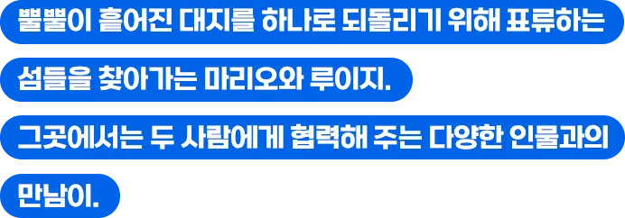 뿔뿔이 흩어진 대지를 하나로 되돌리기 위해 표류하는 섬들을 찾아가는 마리오와 루이지. 그곳에서는 두 사람에게 협력해 주는 다양한 인물과의 만남이.