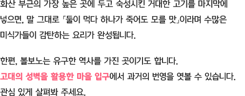 화산 부근의 가장 높은 곳에 두고 숙성시킨 거대한 고기를 마지막에 넣으면, 말 그대로 「둘이 먹다 하나가 죽어도 모를 맛」이라며 수많은 미식가들이 감탄하는 요리가 완성됩니다. 한편, 볼보노는 유구한 역사를 가진 곳이기도 합니다. 고대의 성벽을 활용한 마을 입구에서 과거의 번영을 엿볼 수 있습니다. 관심 있게 살펴봐 주세요.