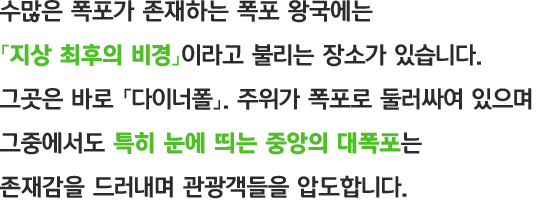 수많은 폭포가 존재하는 폭포 왕국에는 「지상 최후의 비경」이라고 불리는 장소가 있습니다. 그곳은 바로 「다이너폴」 주위가 폭포로 둘러싸여 있으며 그중에서도 특히 눈에 띄는 중앙의 대폭포는 존재감을 드러내며 관광객들을 압도합니다.