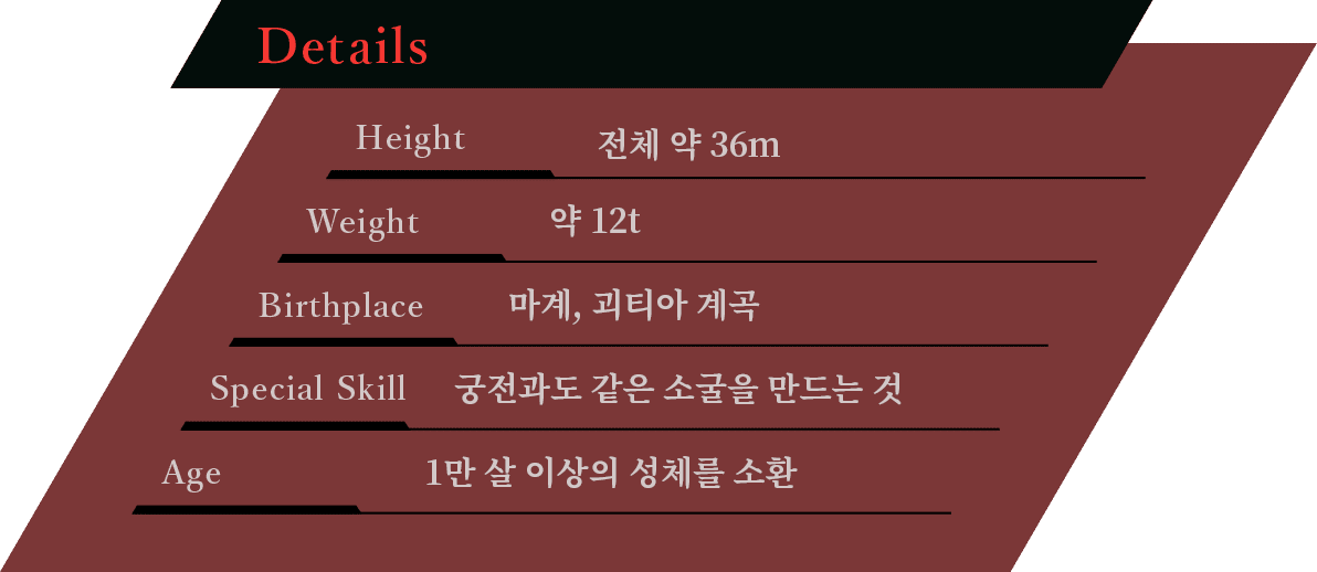 총 길이 36m, 약 12t, 마계, 괴티아 계곡, 궁전과도 같은 소굴을 만드는 것, 1만 살 이상의 성체를 소환