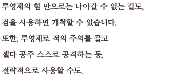 투영체의 힘 만으로는 나아갈 수 없는 길도, 검을 사용하면 개척할 수 있습니다.  또한, 투영체로 적의 주의를 끌고 젤다 공주 스스로 공격하는 등, 전략적으로 사용할 수도.