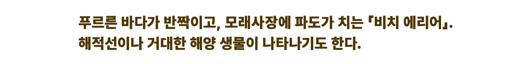 푸르른 바다가 반짝이고, 모래사장에 파도가 치는 「비치 에리어」. 해적선이나 거대한 해양 생물이 나타나기도 한다.